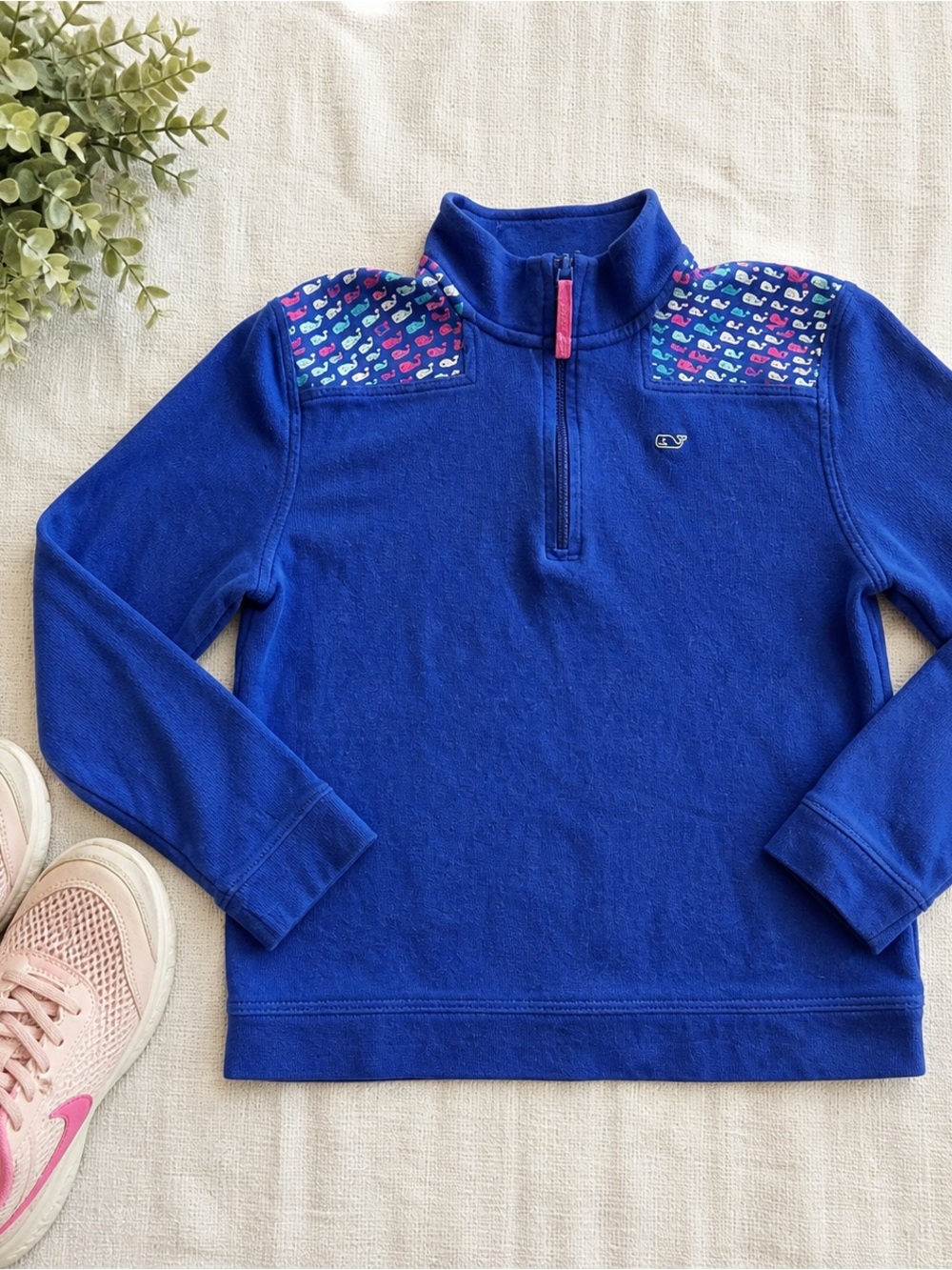 Vineyard Vines Girls Size 14 Blue Quarter Zip Pullover Whale Print EUC